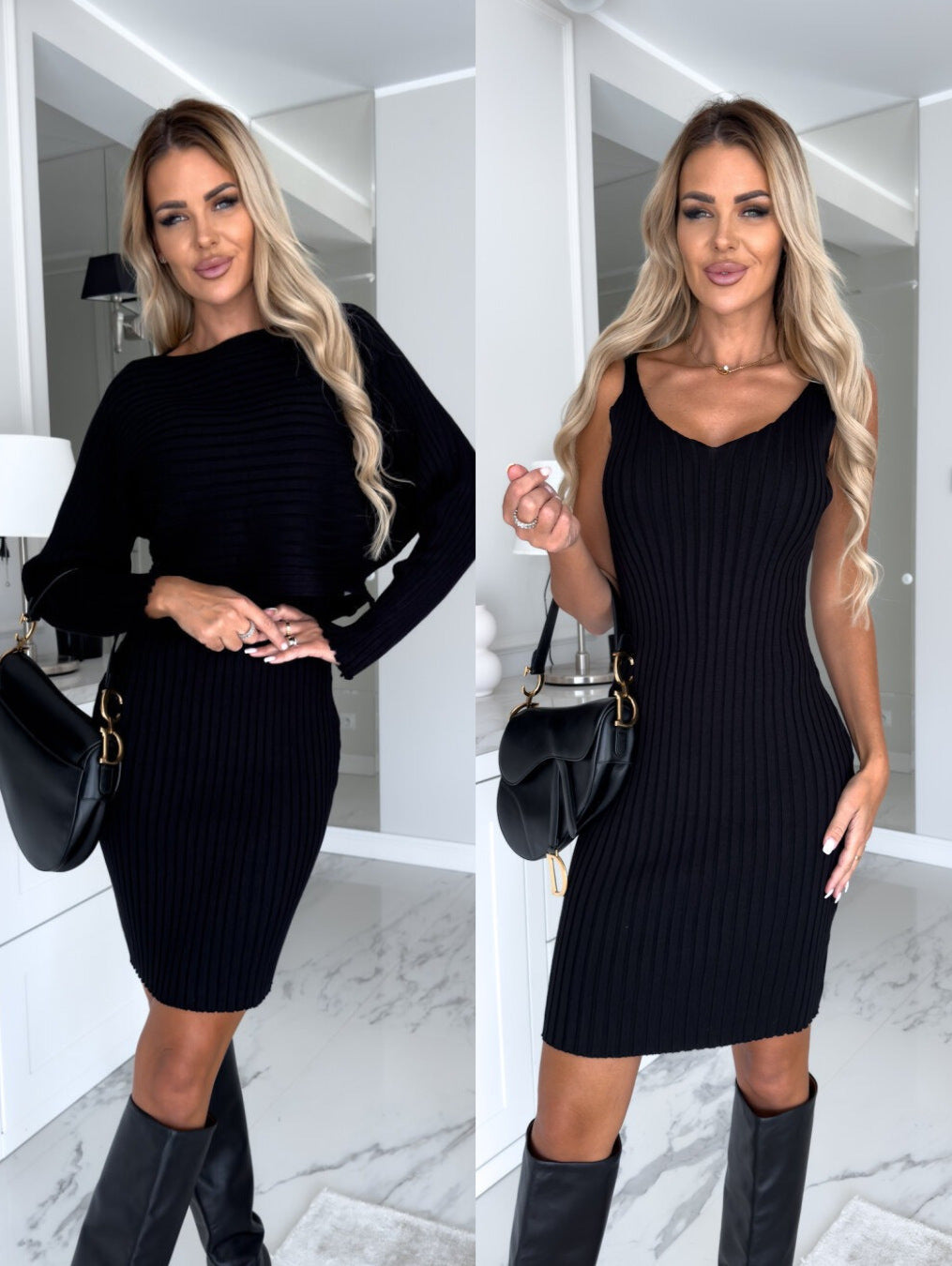 2pcs Suit Women's Solid Stripe Long-sleeved Top And Tight Suspender Skirt Fashion Autumn Winter Slim Clothing - vougesouq
