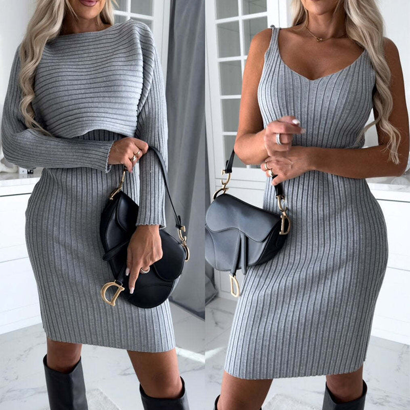 2pcs Suit Women's Solid Stripe Long-sleeved Top And Tight Suspender Skirt Fashion Autumn Winter Slim Clothing - vougesouq