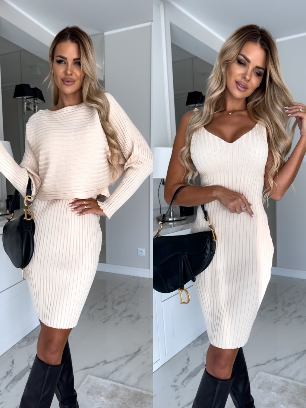 2pcs Suit Women's Solid Stripe Long-sleeved Top And Tight Suspender Skirt Fashion Autumn Winter Slim Clothing - vougesouq